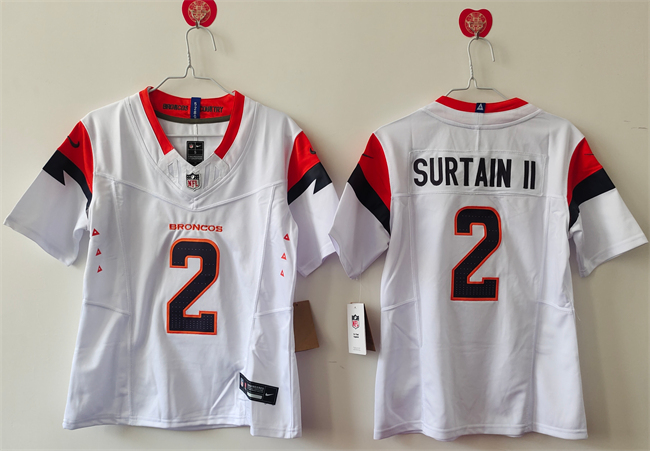 Women's Denver Broncos #2 Pat Surtain II White 2024 F.U.S.E Throwback Stitched Jersey(Run Small)